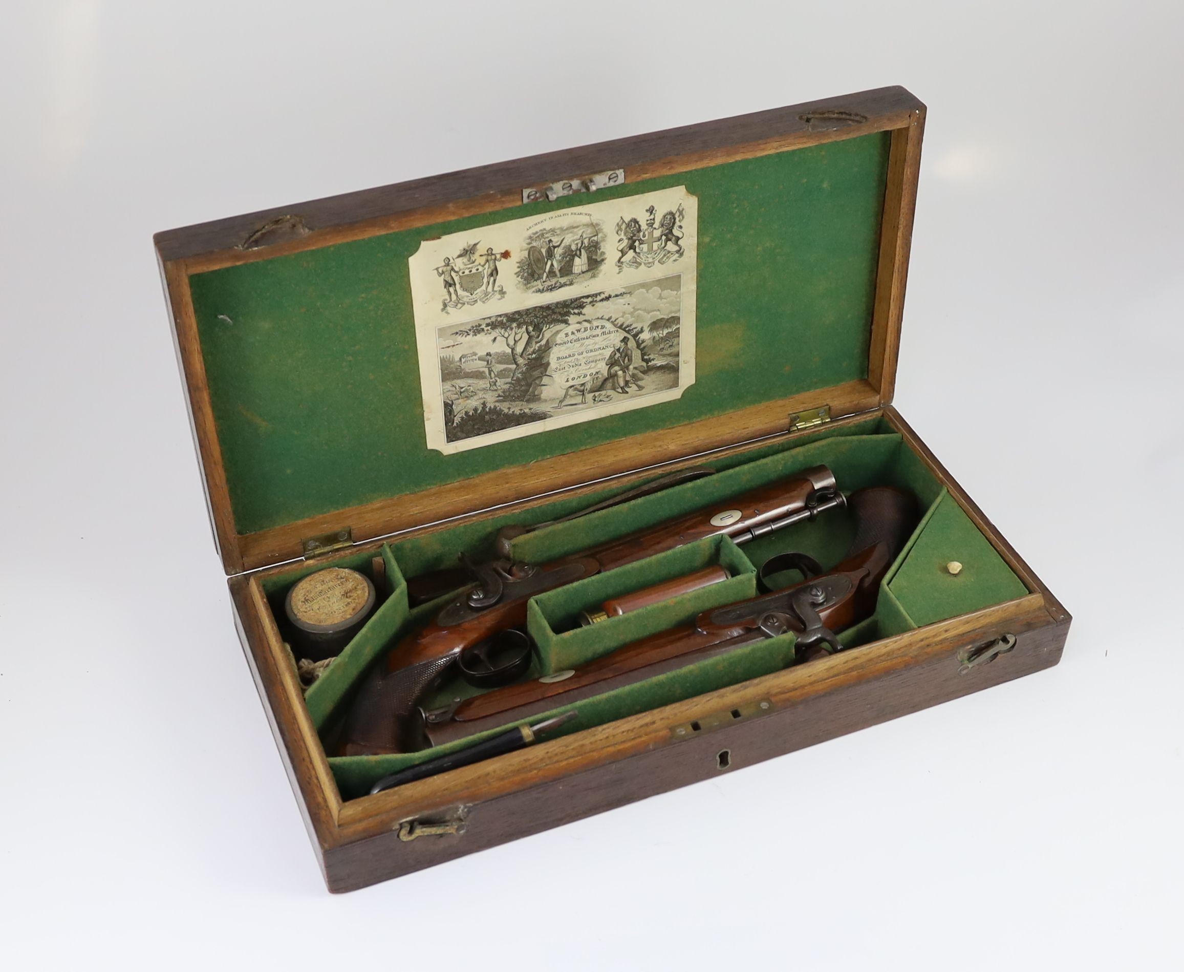A good cased pair of percussion pistols, by E & W Bond, London, with Arundel and Bramber Corps of Yeomanry Cavalry presentation inscription dated 1839, Pistol length 38cm, hammers damaged